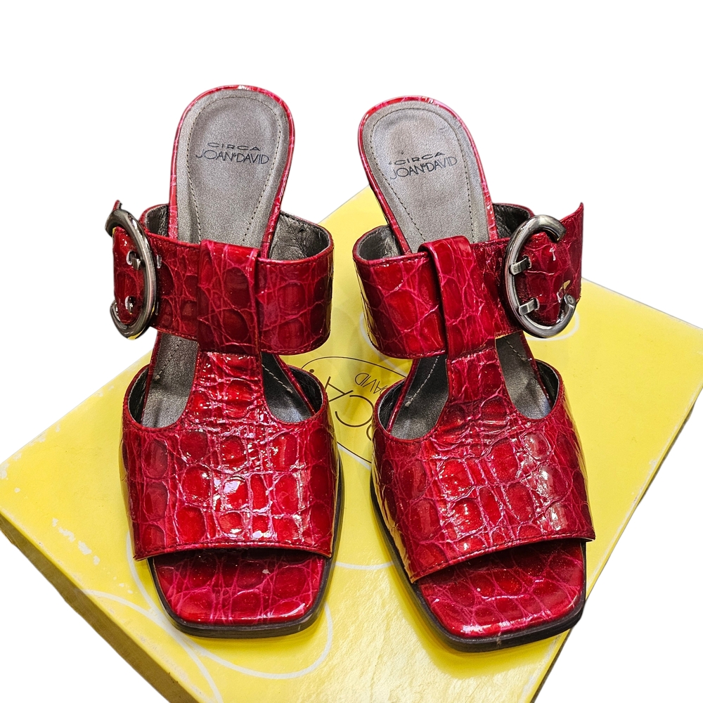 Joan & David Orchid Dark Red Croc Pattern Square Toe Wedge Sandals Size 6.5 - Picture 2 of 11